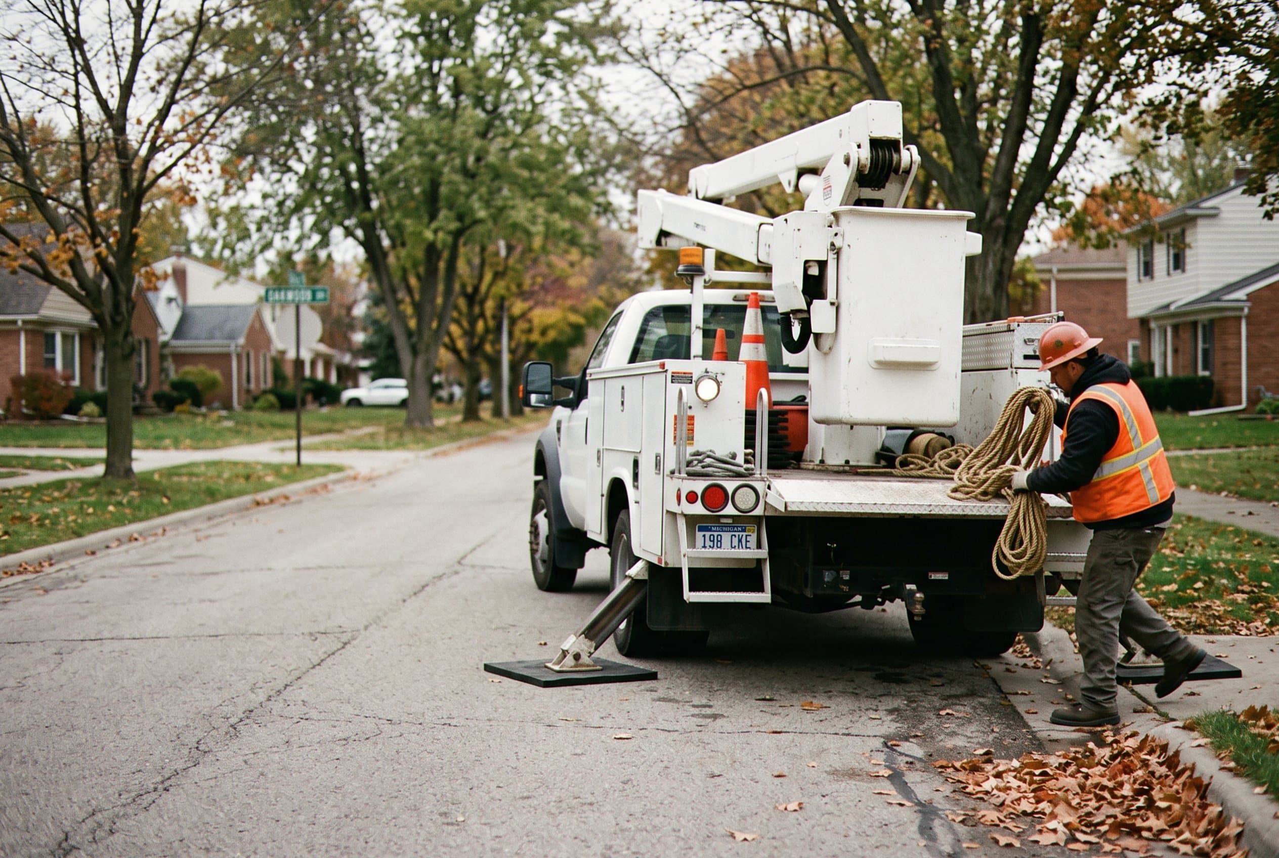 Arborist with climbing gear assesses dense canopy